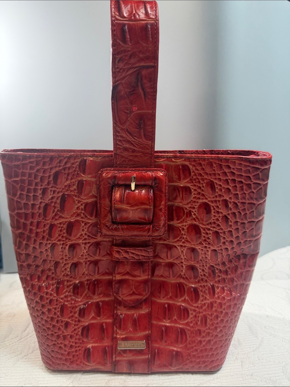Brahmin Faith Red Croc-Embossed Leather Small Tote Missing crossbody strap.